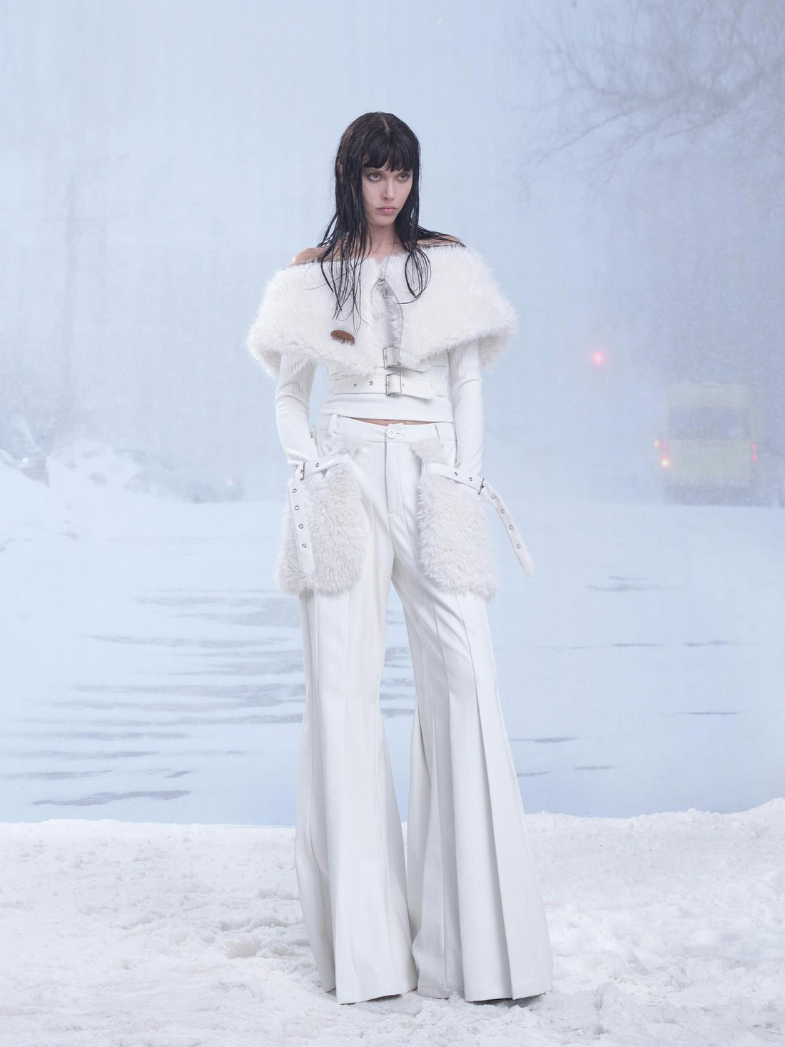 24ans Winter White Flared Suede Trousers With Fleece Lining