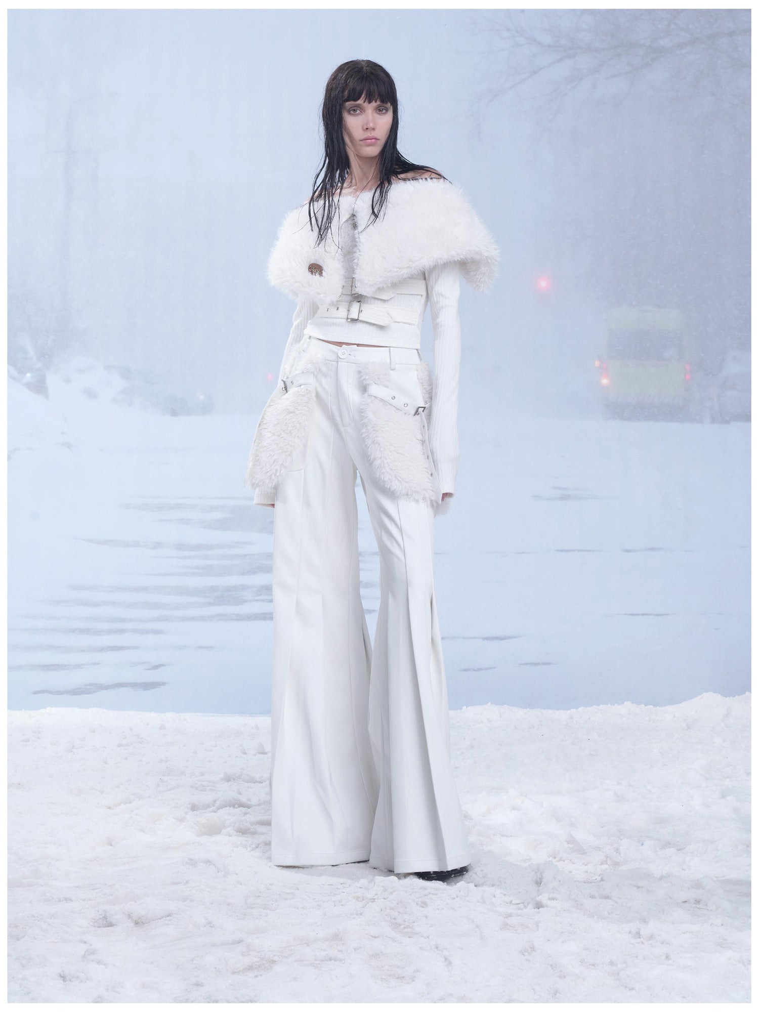24ans Winter White Flared Suede Trousers With Fleece Lining