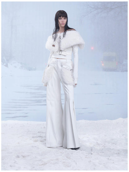 24ans Winter White Flared Suede Trousers With Fleece Lining