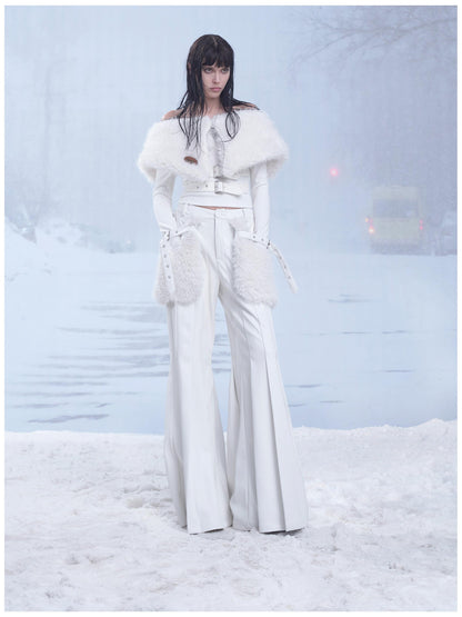 24ans Winter White Flared Suede Trousers With Fleece Lining
