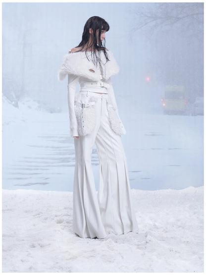 24ans Winter White Flared Suede Trousers With Fleece Lining