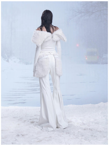 24ans Winter White Flared Suede Trousers With Fleece Lining