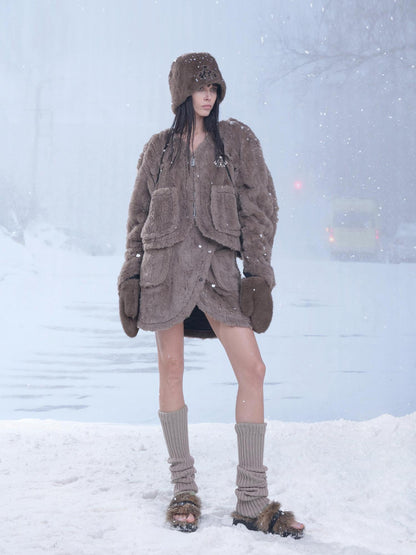 24ans Winter Women Trapper Hat With Gloves Set Brown