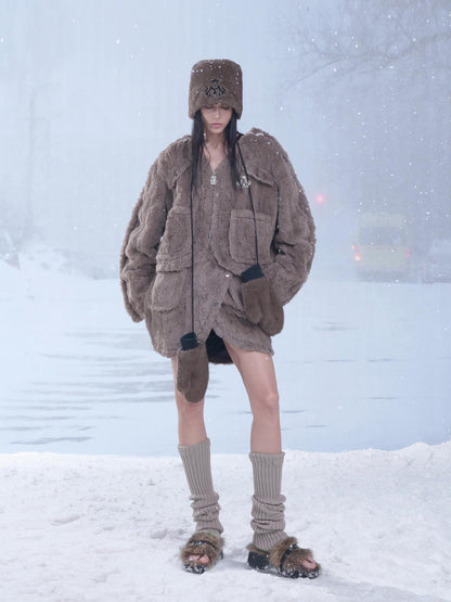 24ans Winter Women Trapper Hat With Gloves Set Brown