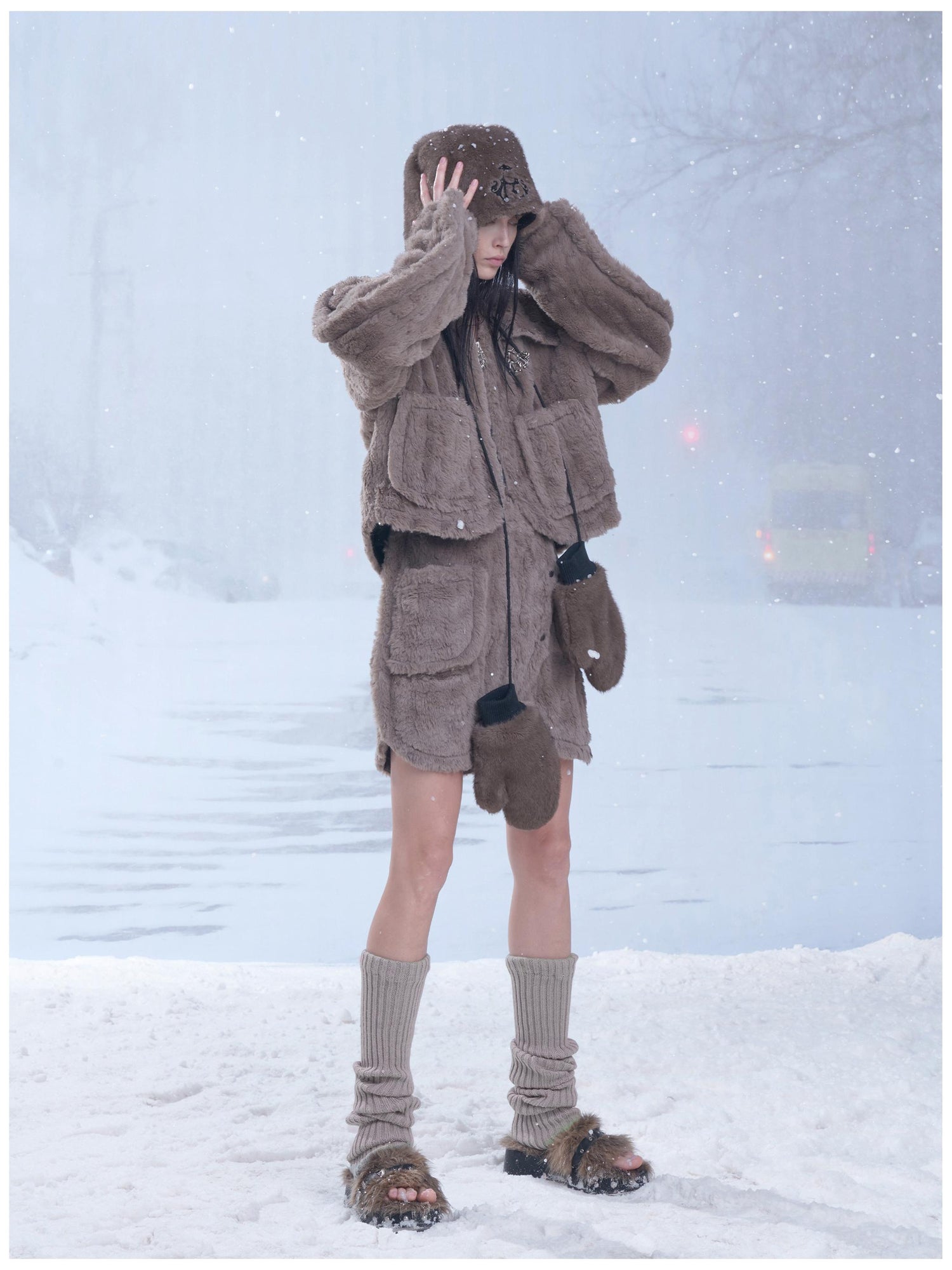 24ans Winter Women Trapper Hat With Gloves Set Brown