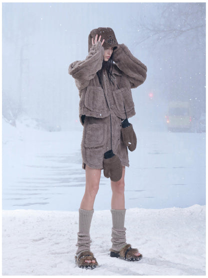 24ans Winter Women Trapper Hat With Gloves Set Brown