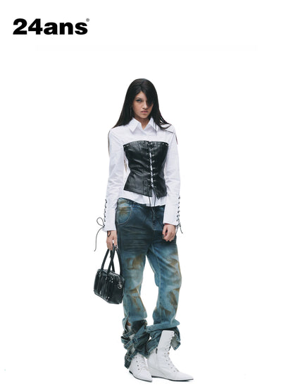 24ans Wrinkle Resistant Punk Slim Patchwork Women Long Sleeve Turn Collar Shirts-1