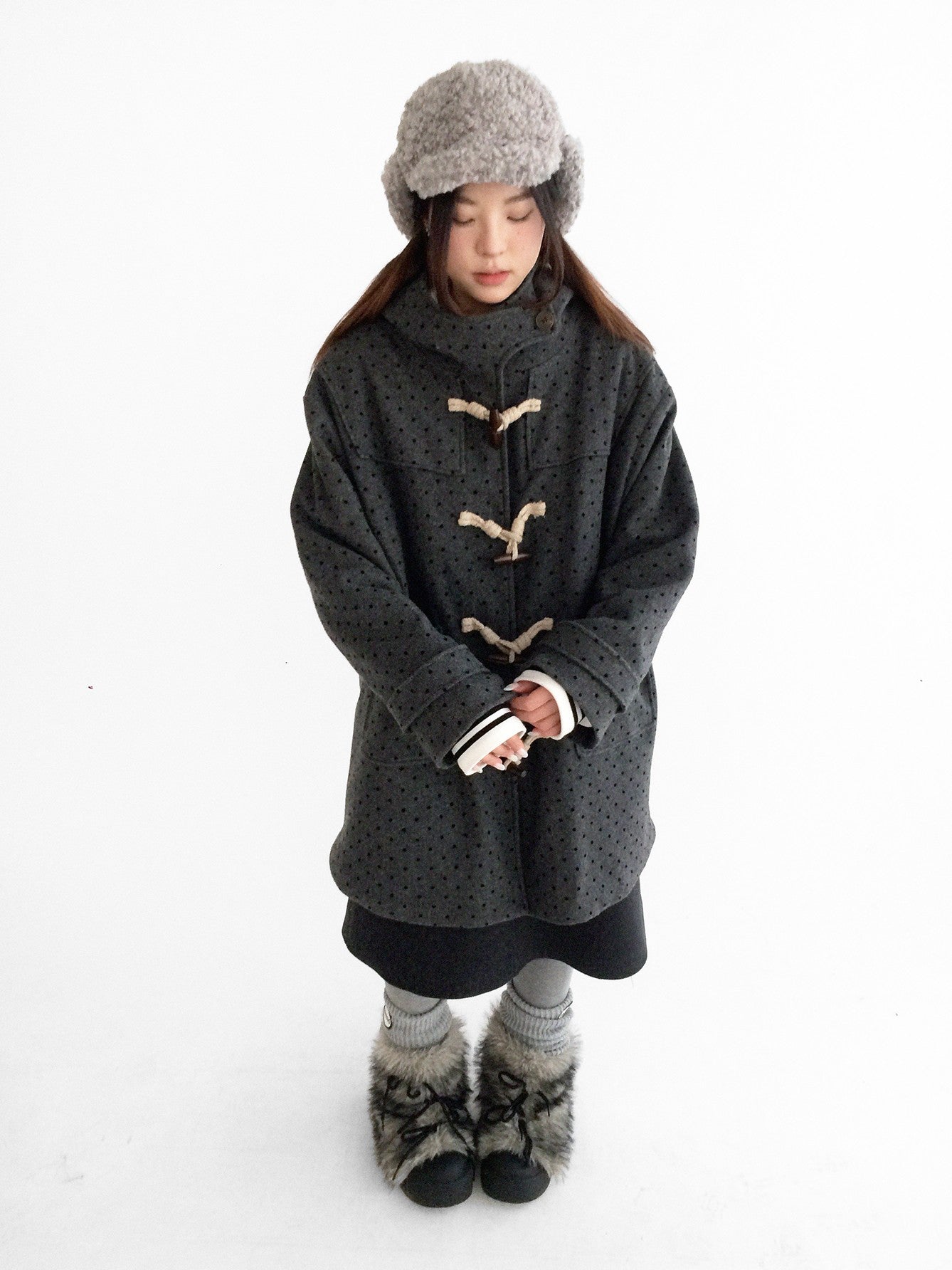 innomoood Brown Sugar Flocked Polka Dot Toggle Hooded Women&