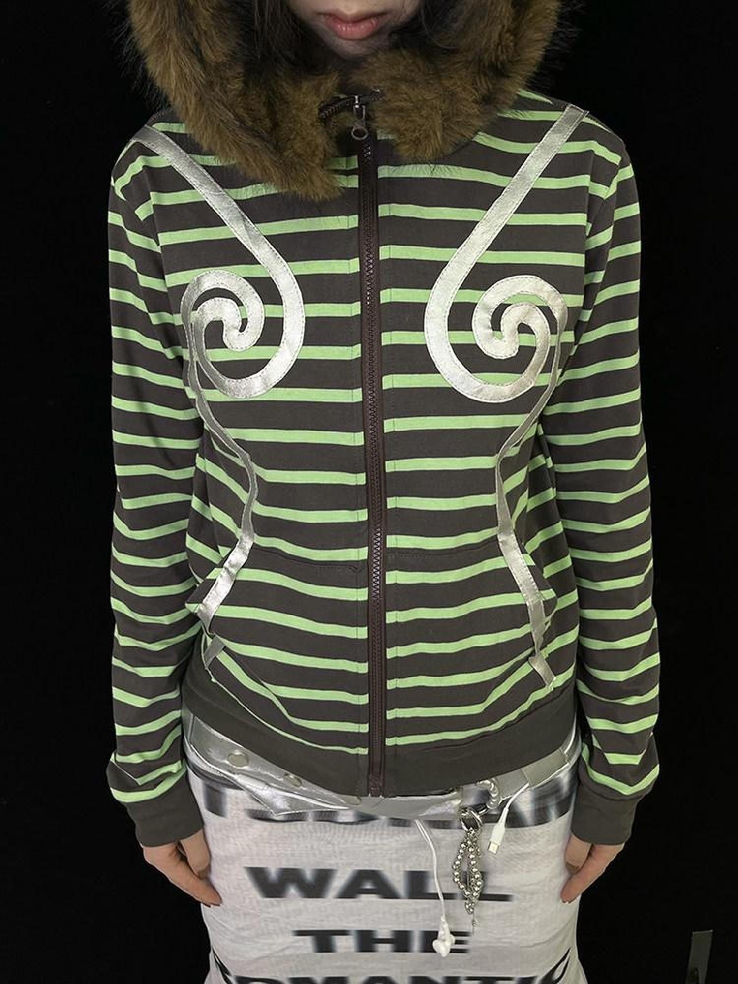 Ttsunami Silver Swirl Striped Fur Collar Zipper Slim Women&