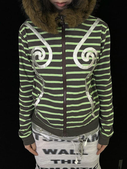 Ttsunami Silver Swirl Striped Fur Collar Zipper Slim Women&