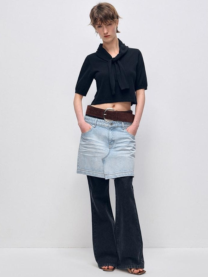 RUN TO THE FUTURE High Stretch Slim Fit Natural Waist Zipper Everyday Blue Black Denim Flare Jeans