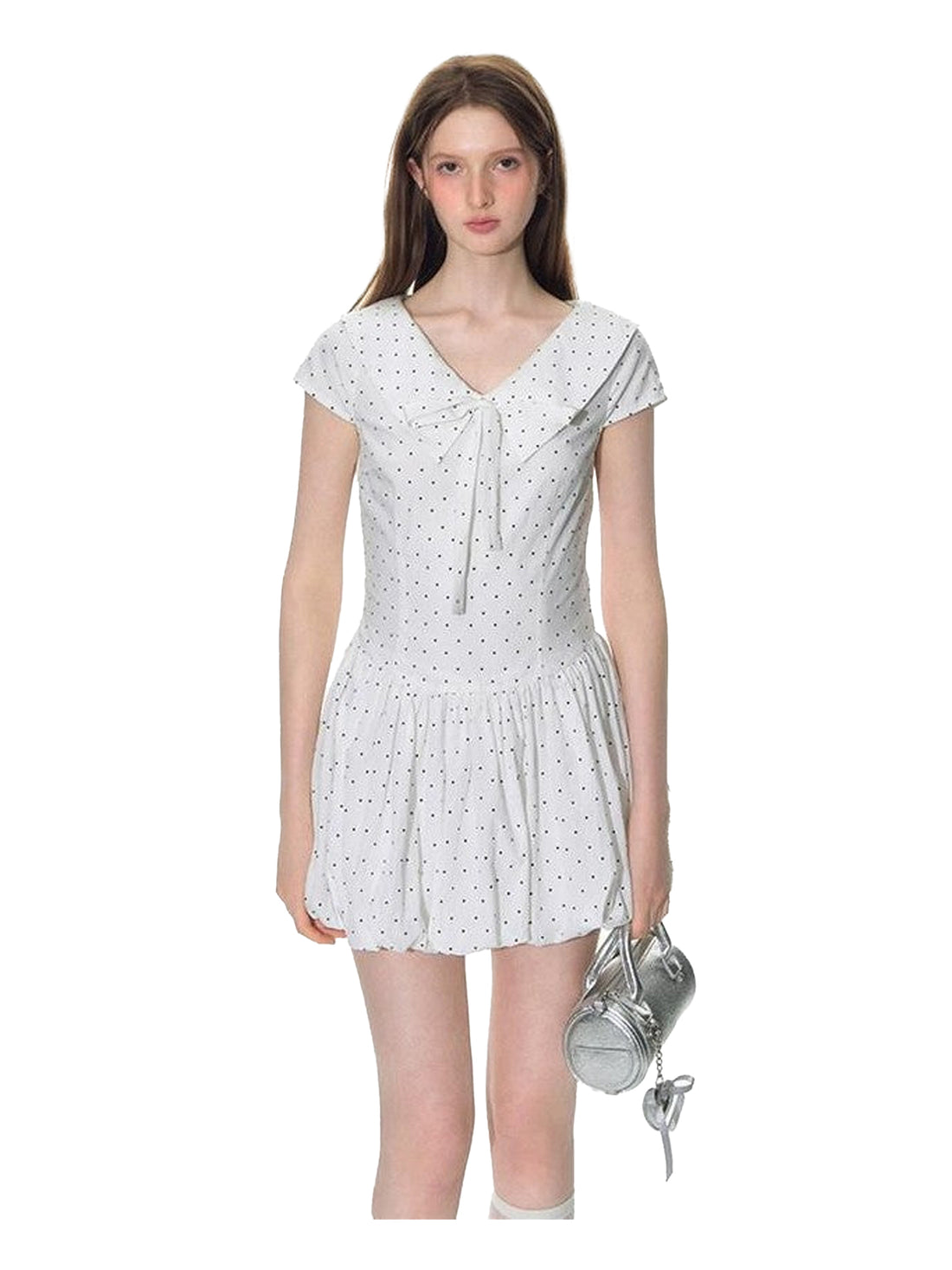 NAPSNAPS Polka Dot Sailor Collar Tie V-neck High Waist Tencel Women&