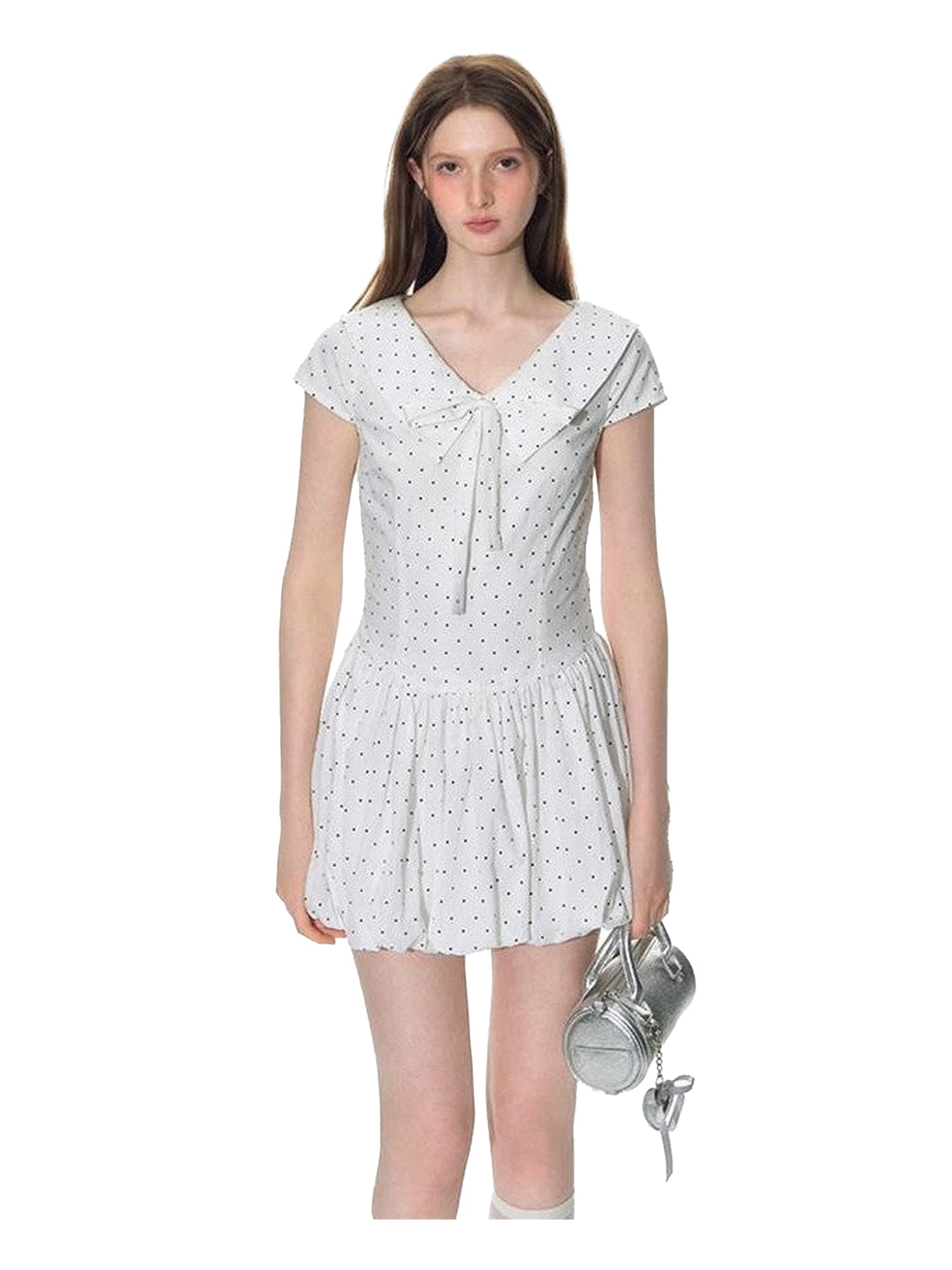 NAPSNAPS Polka Dot Sailor Collar Tie V-neck High Waist Tencel Women&