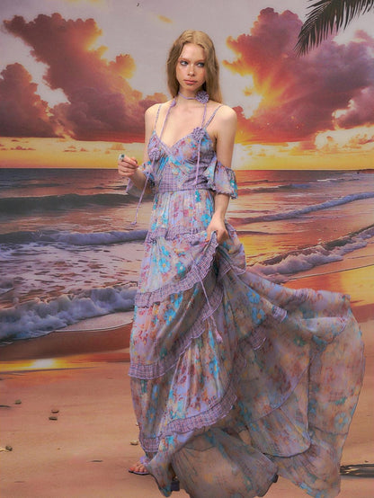 The NeverMore High Waist A Line V-neck Strappy Street Women Blue Purple Polyester Maxi Dresses