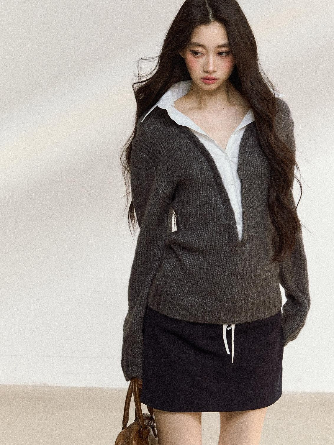 7Shiftin Cozy Acrylic Wool Blend Mock Layered American Pullover Women Deep Gray Sweaters