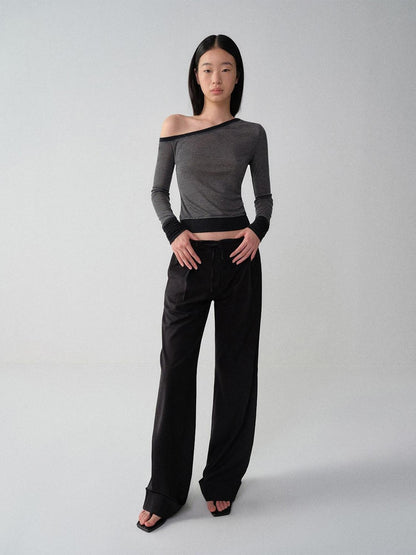 RUN TO THE FUTURE Low Waist Zip Fly Minimalist Relaxed Wide Leg Black Red Stripe Straight Pants