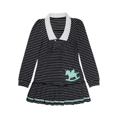nit alcove Cute Bubble Sleeve Doll Collar Pleated Casual Striped Mint Pink Mini Dresses