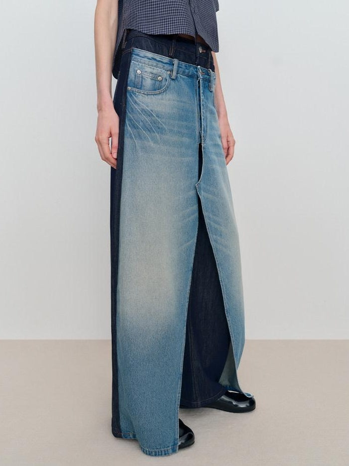 RUN TO THE FUTURE Durable Washed Denim Casual Loose Natural Waist Zipper Fly Blue Wide-Leg Jeans