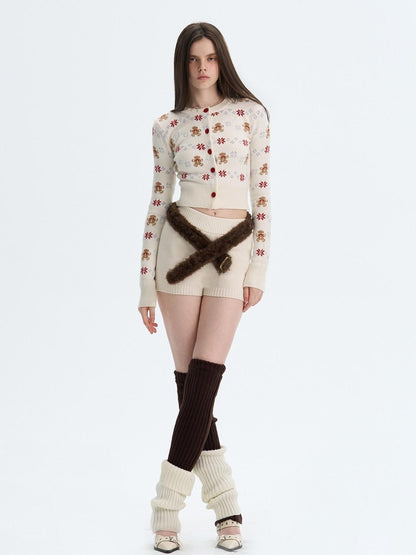 The NeverMore Cashmere Blend Bear Jacquard Cute Slim Cropped Crewneck Knitwear Cardigans