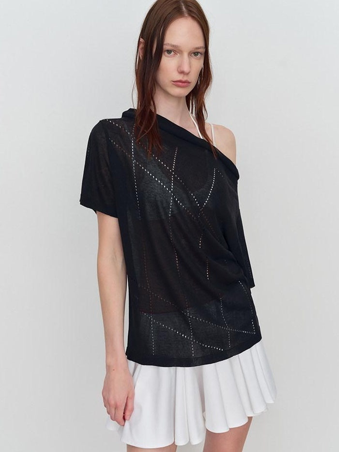 RUN TO THE FUTURE Viscose Knit Loose Cutout Slanted Neck Black Cross Print Short Sleeve T-Shirts