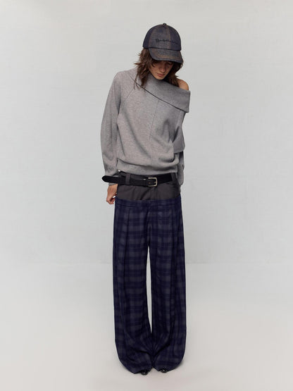 RUN TO THE FUTURE Asymmetric Slanted Neck Loose Fit Retro Office Pullover Heather Gray Sweatshirts