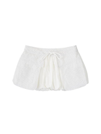 RUN TO THE FUTURE Original Minimal Cotton Lantern Low Waist Tie Pockets Women Short Trousers
