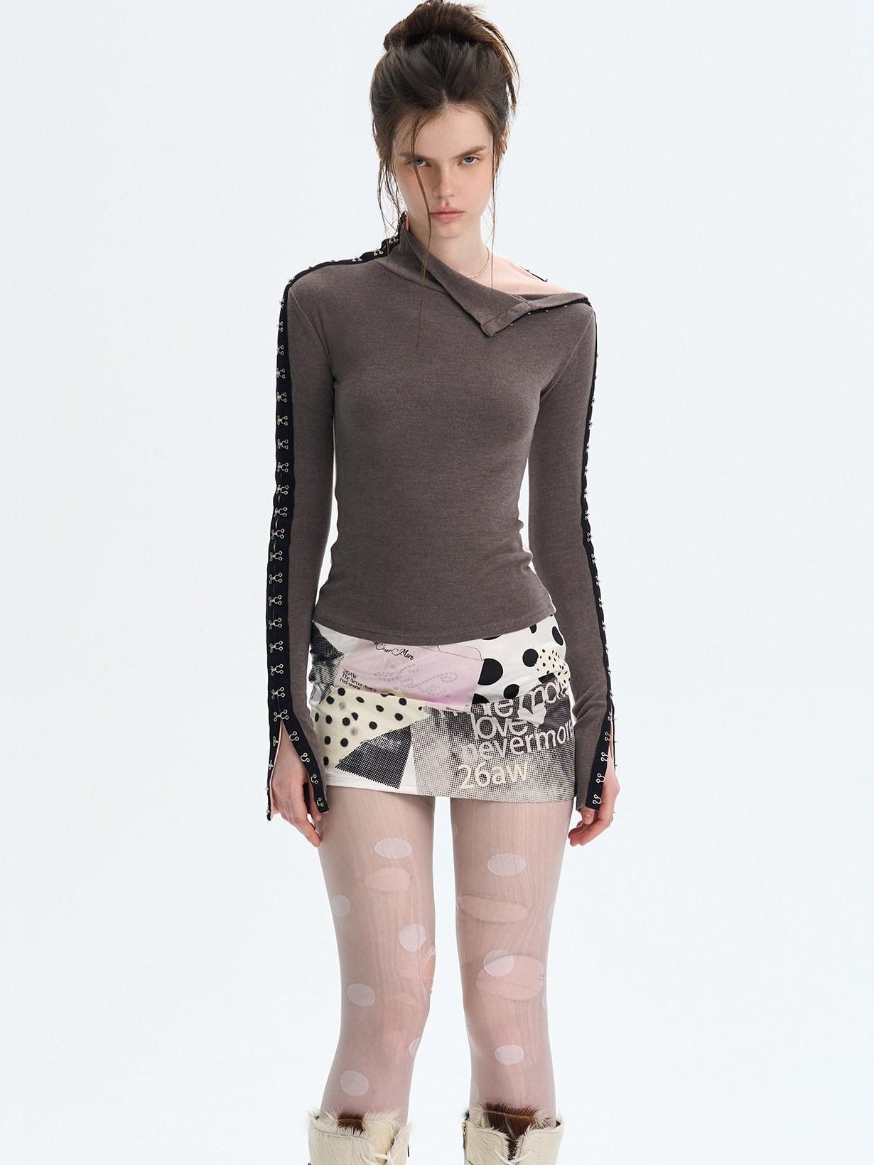 The NeverMore Brushed Viscose Spandex Sexy Slim Half Open Collar Long Sleeve Crop Tops