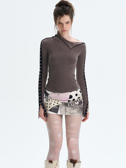 The NeverMore Brushed Viscose Spandex Sexy Slim Half Open Collar Long Sleeve Crop Tops