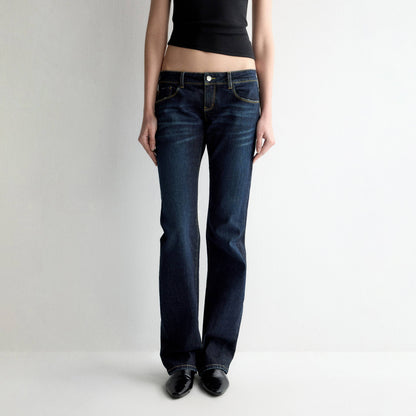 RUN TO THE FUTURE Durable Low Rise Slim Fit Casual Dark Denim Zipper Fly No Stretch Straight Jeans
