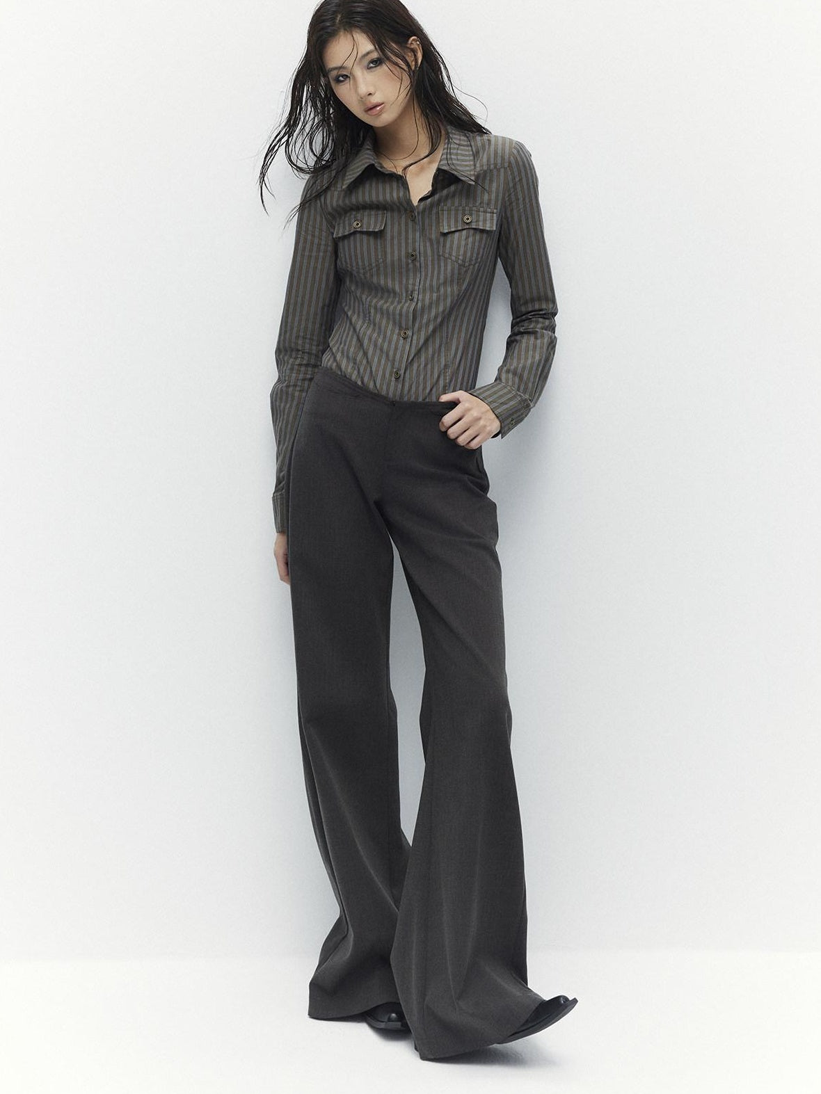 Low pixel Breathable Cotton Vintage Fitted Striped Button Long Sleeve Women Shirts