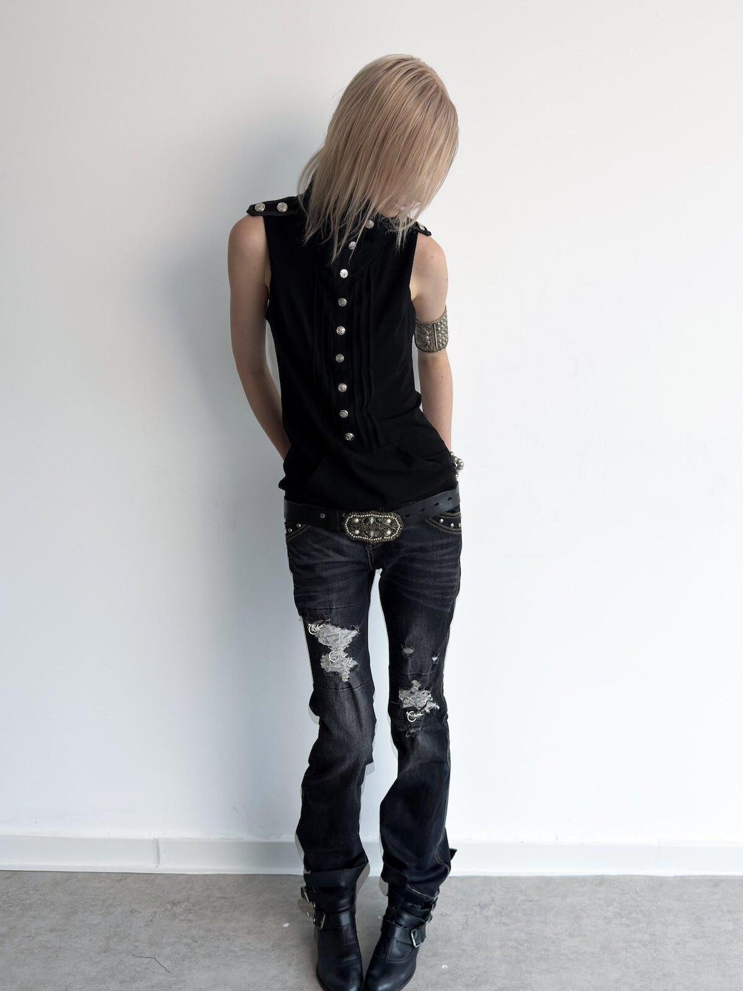 DoublePunch Metal Button Epaulet Convertible Half High Neck Women&
