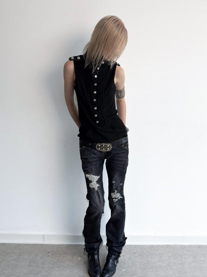DoublePunch Metal Button Epaulet Convertible Half High Neck Women&