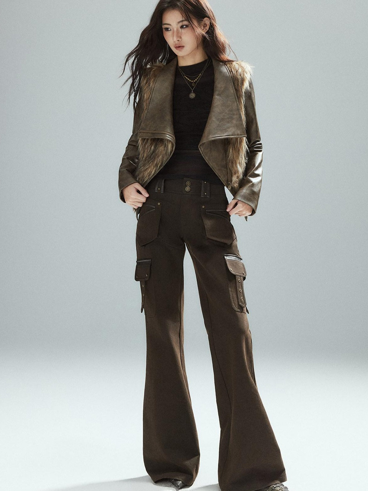 Low pixel Thick Waist Cinch Patchwork Street Style Women Brown Zipper Lapel Cropped Jackets