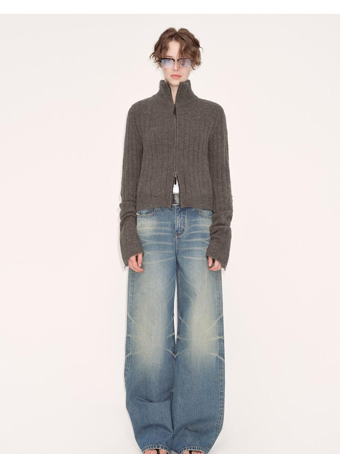 RUN TO THE FUTURE Acrylic Wool Blend Slim Zip High Neck Office Cropped Olive Cardigans