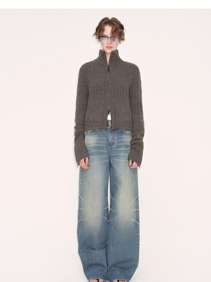 RUN TO THE FUTURE Acrylic Wool Blend Slim Zip High Neck Office Cropped Olive Cardigans