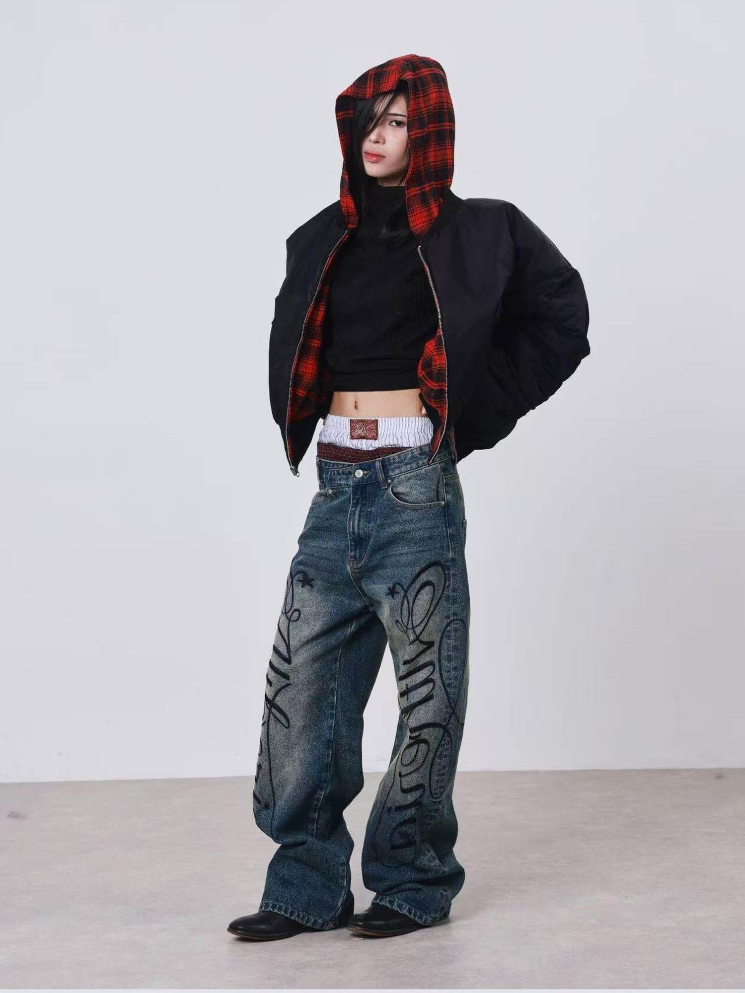 DETW onLine Washed Blue Embroidered Letter Print Baggy Women&