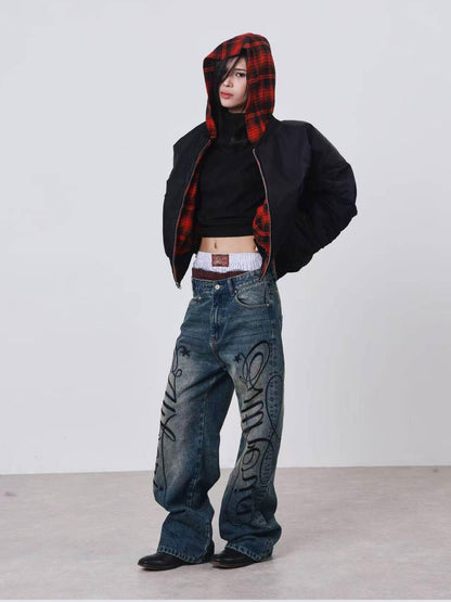 DETW onLine Washed Blue Embroidered Letter Print Baggy Women&