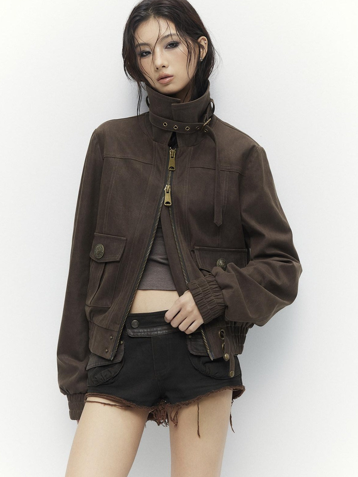 Low pixel Metal Trim Vintage Standard Womens Brown Zip Lapel Cropped Jackets