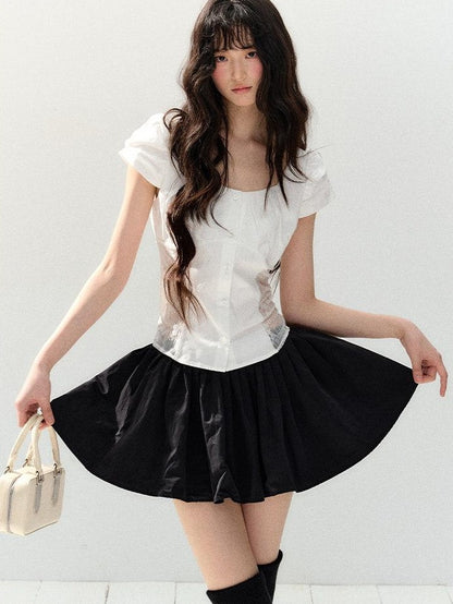 7Shiftin Puff Sleeve Two Piece Office Chic Women Crop T Shirt Basic Crop Tops