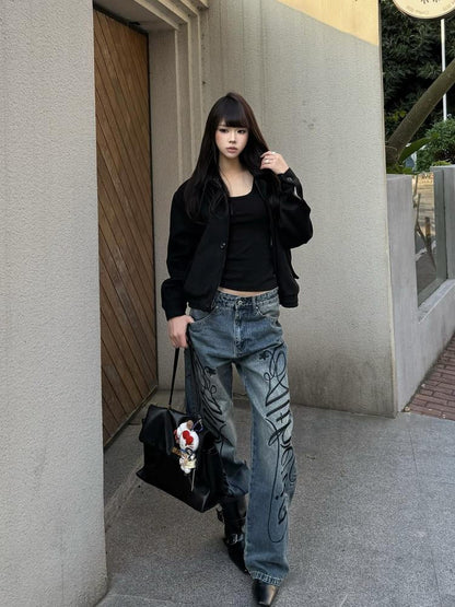 DETW onLine Washed Blue Embroidered Letter Print Baggy Women&