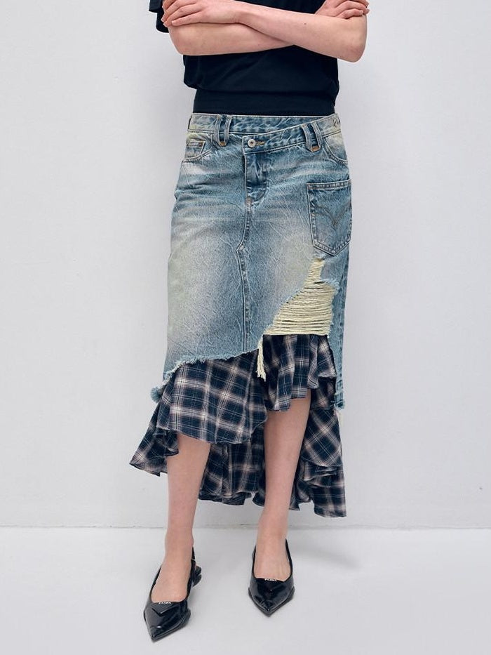 RUN TO THE FUTURE Vintage Patchwork Distressed Low Waist Slim A Line Denim Women Midi Skirts