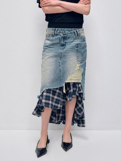 RUN TO THE FUTURE Vintage Patchwork Distressed Low Waist Slim A Line Denim Women Midi Skirts