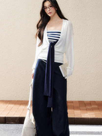7Shiftin Versatile Minimal Straight Cut Natural Elastic Waist Women Navy Wide Leg Pants