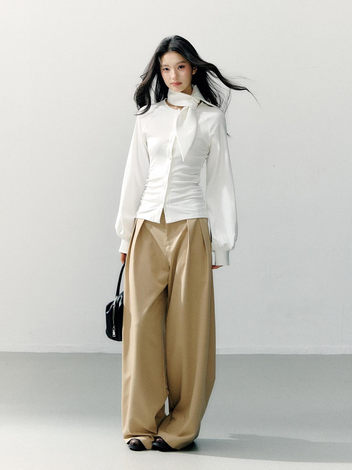 7Shiftin Cotton Bow Tie Fitted Waist Casual Cropped Long Sleeve Women White Blouses