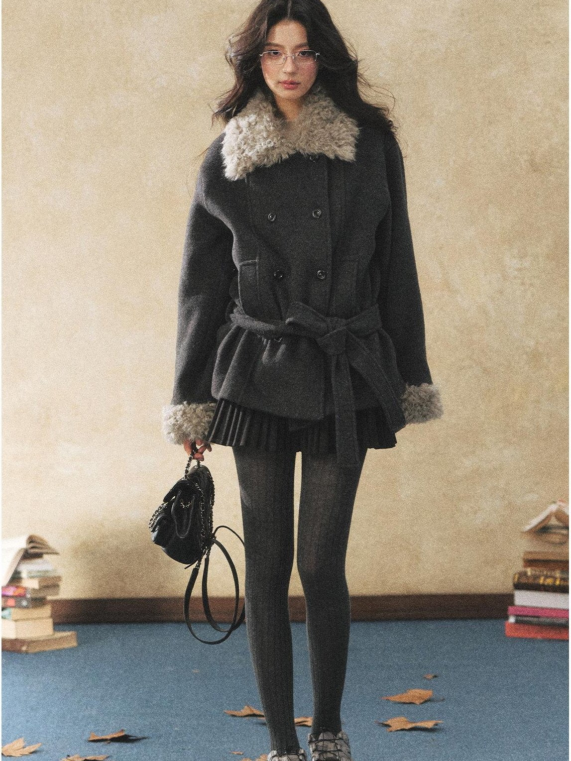 7Shiftin Warm Faux Fur Trim Casual Waist Double Breasted Women Deep Gray Short Coat