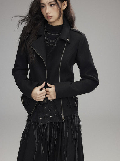 Low pixel Wool Blend Thick Slim Fit Street Euro Zip Front Black Cropped Jackets