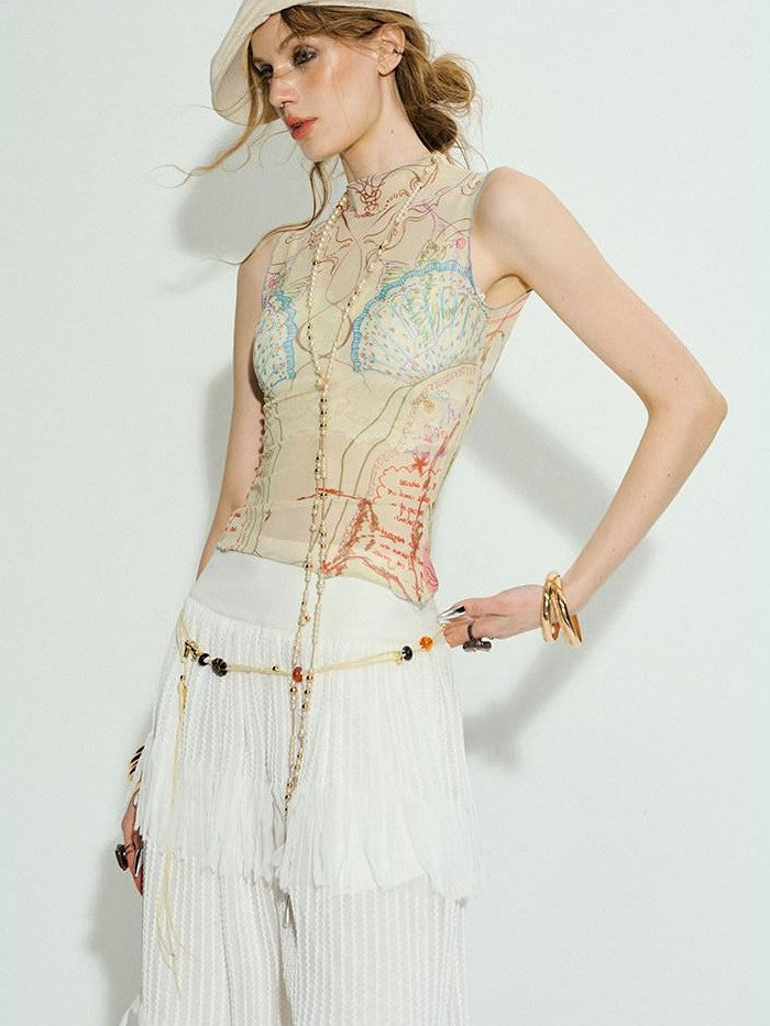 OfAkiva Sea Mural Ocean Shell Print High Neck Cropped Women&