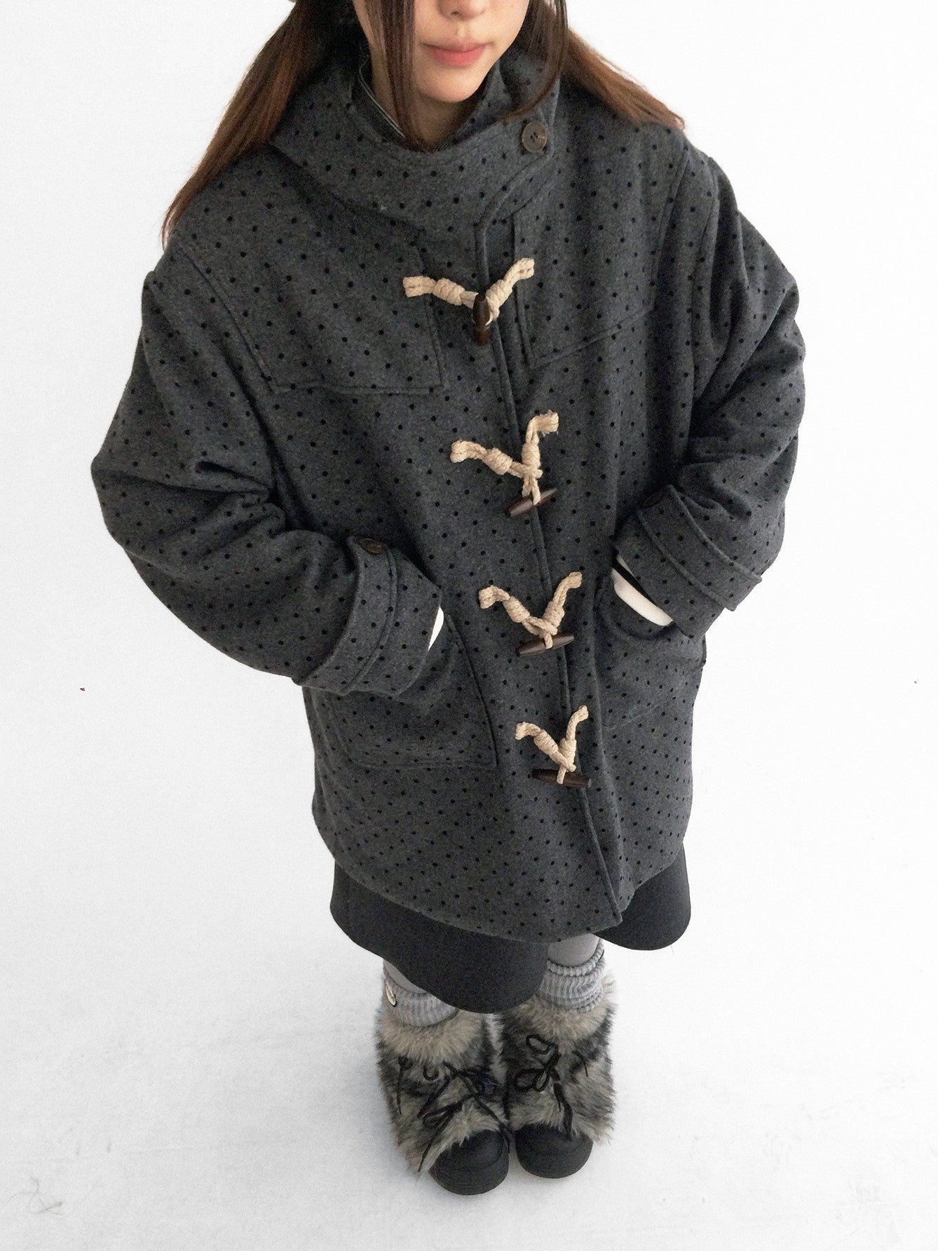 innomoood Brown Sugar Flocked Polka Dot Toggle Hooded Women&