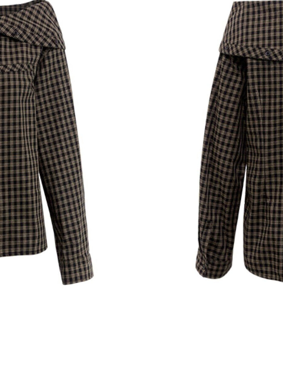 RUN TO THE FUTURE Original Design Breathable Cotton Loose Fit Plaid Bardot Womens Blouses