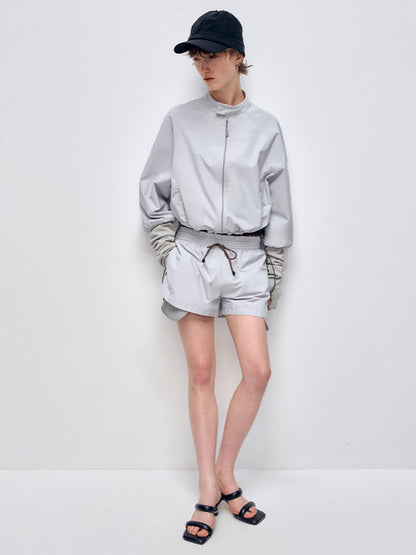 RUN TO THE FUTURE Polyester Two Piece Zip Stand Collar Casual Women Navy Green Short Trousers